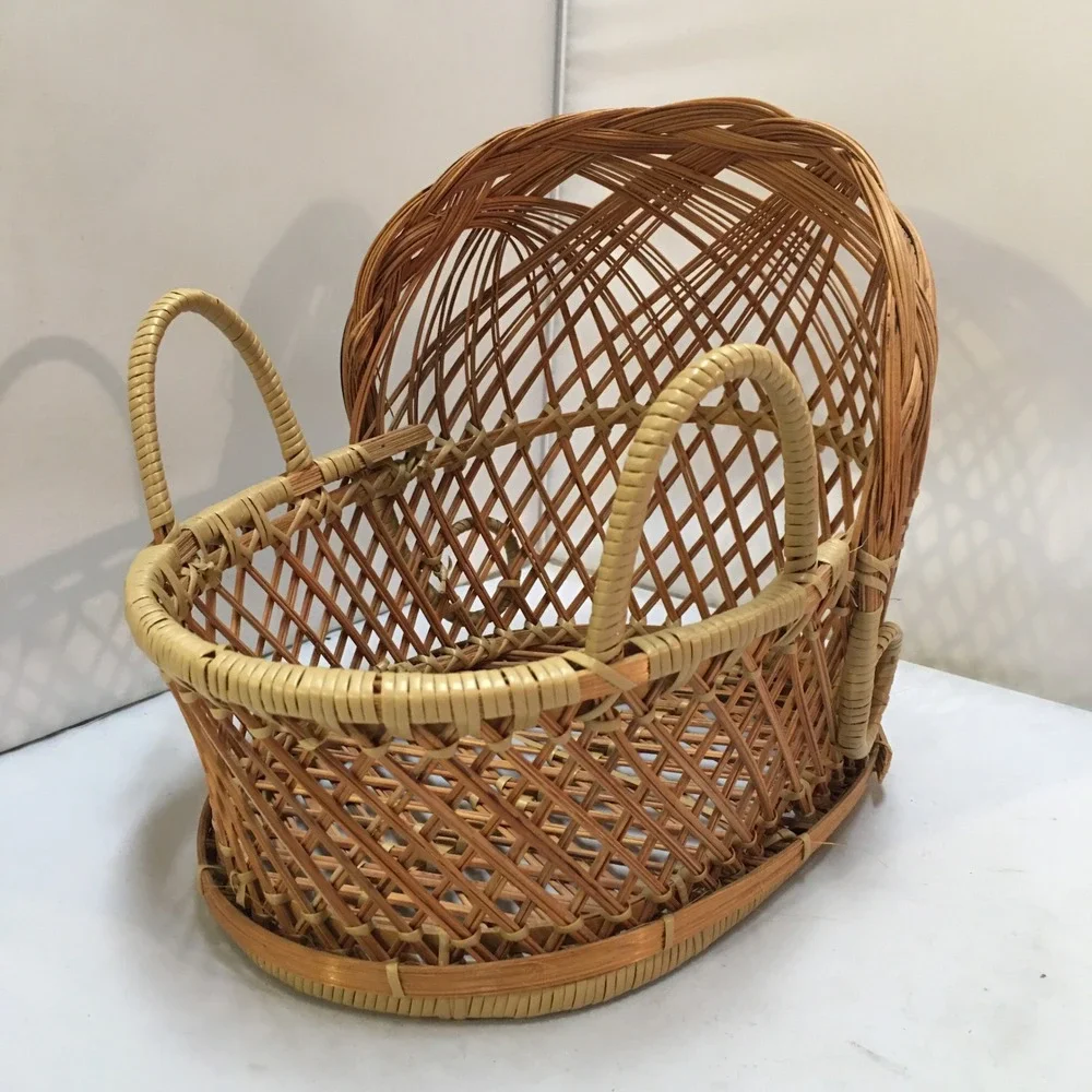 Wicker Doll Bassinet Miniature Small Tan Rattan Hooded Cradle Basket Cottagecore
